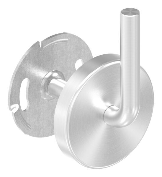Handlaufhalter zum Anschweißen des Handlaufs inkl. Abdeckrosette 70x12mm zum Aufklipsen, Ronde 70x4mm, Bügel 12mm, Wandabstand 75mm, 2 Langlöcher 6,5x20mm (Ronde und Bügel verschweißt), V2A
