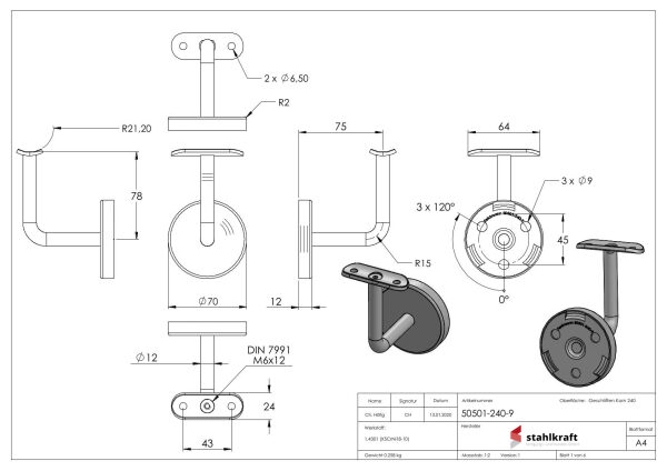 Handlaufhalter mit Handlaufanschlussplatte für Rohr 42,4mm (austauschbar) inkl. Abdeckrosette 70x12mm zum Aufklipsen, Ronde 70x4mm, Bügel 12mm, Wandabstand 75mm, 3x9mm Bohrungen (Ronde und Bügel verschweißt), V2A Ronde und Bügel verschweißt, V2A