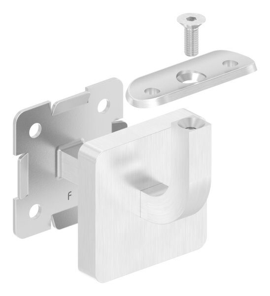 Handlaufhalter mit Handlaufanschlussplatte für Rohr 42,4mm (austauschbar), inkl. Abdeckrosette 60x60x12mm zum Aufklipsen, Ronde  58x58x4mm, Bügel 12x12mm, Wandabstand 80mm, 4x6,5mm Bohrungen(Ronde und Bügel verschweißt), V2A