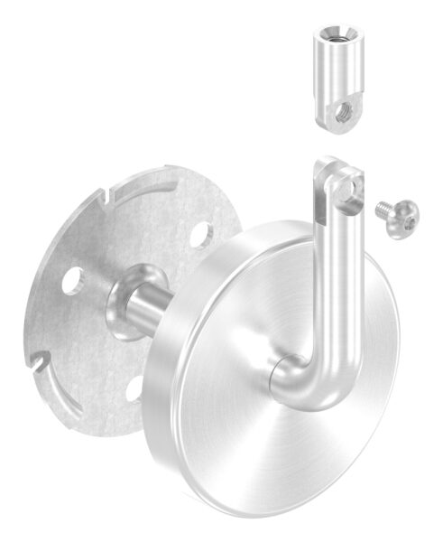 Handlaufhalter mit Innengewinde M6 und Gelenk, inkl. Abdeckrosette 70x12mm zum Aufklipsen, Ronde 70x4mm, Bügel 12mm, Wandabstand 75mm, 3x6,5mm Bohrungen (Ronde und Bügel verschweißt), V2A