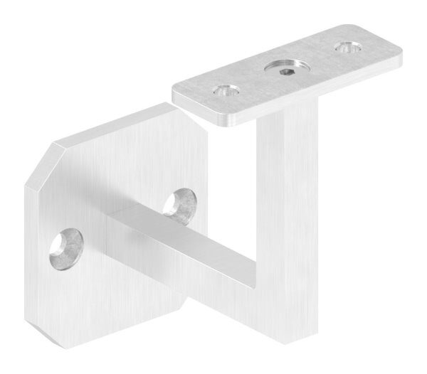 Handlaufhalter eckig mit gerader Handlaufanschlussplatte (austauschbar), Ronde 60x60x6mm, Bügel 12x12mm, Wandabstand 76mm, 2x6,5mm Bohrungen gesenkt (Ronde und Bügel verschweißt), V4A