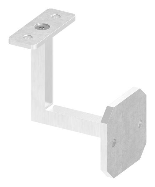Handlaufhalter eckig mit gerader Handlaufanschlussplatte (austauschbar), Ronde 60x60x6mm, Bügel 12x12mm, Wandabstand 76mm, 2x6,5mm Bohrungen gesenkt (Ronde und Bügel verschweißt), V4A
