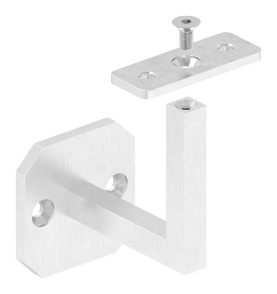 Handlaufhalter eckig mit gerader Handlaufanschlussplatte (austauschbar), Ronde 60x60x6mm, Bügel 12x12mm, Wandabstand 76mm, 2x6,5mm Bohrungen gesenkt (Ronde und Bügel verschweißt), V4A