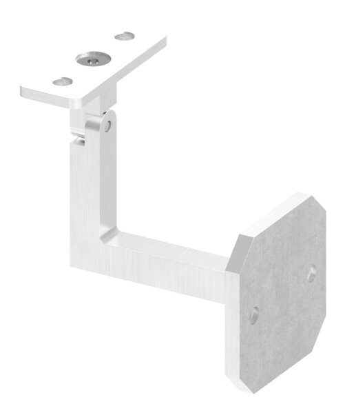 Handlaufhalter mit Gelenk, eckig mit gerader Handlaufanschlussplatte (austauschbar), Ronde 60x60x6mm, Bügel 12x12mm, Wandabstand 76mm, 2x6,5mm Bohrungen gesenkt (Ronde und Bügel verschweißt), V2A