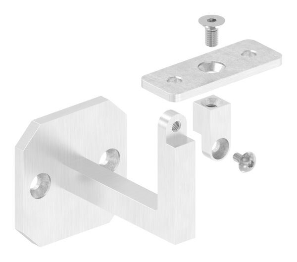 Handlaufhalter mit Gelenk, eckig mit gerader Handlaufanschlussplatte (austauschbar), Ronde 60x60x6mm, Bügel 12x12mm, Wandabstand 76mm, 2x6,5mm Bohrungen gesenkt (Ronde und Bügel verschweißt), V2A