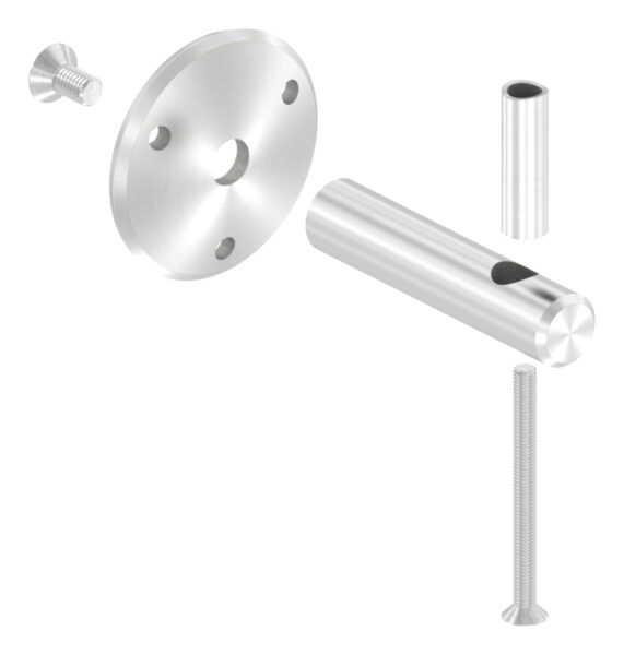 Handlaufhalter zum Anschrauben des Handlaufs mit Linsenkopfschraube M6, Ronde 70x5mm gewölbt, Bügel 20mm, Wandabstand 80mm, 3x6,5mm Bohrungen (Ronde und Bügel verschraubt), V2A