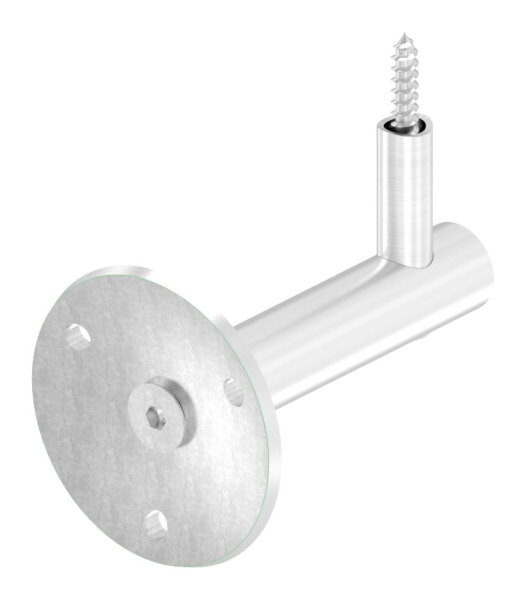 Handlaufhalter zum Anschrauben des Handlaufs mit Holzschraube M6, Ronde 70x5mm gewölbt, Bügel 20mm, Wandabstand 80mm, 3x6,5mm Bohrungen (Ronde und Bügel verschraubt), V2A