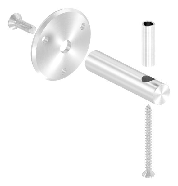 Handlaufhalter zum Anschrauben des Handlaufs mit Holzschraube M6, Ronde 70x5mm gewölbt, Bügel 20mm, Wandabstand 80mm, 3x6,5mm Bohrungen (Ronde und Bügel verschraubt), V2A