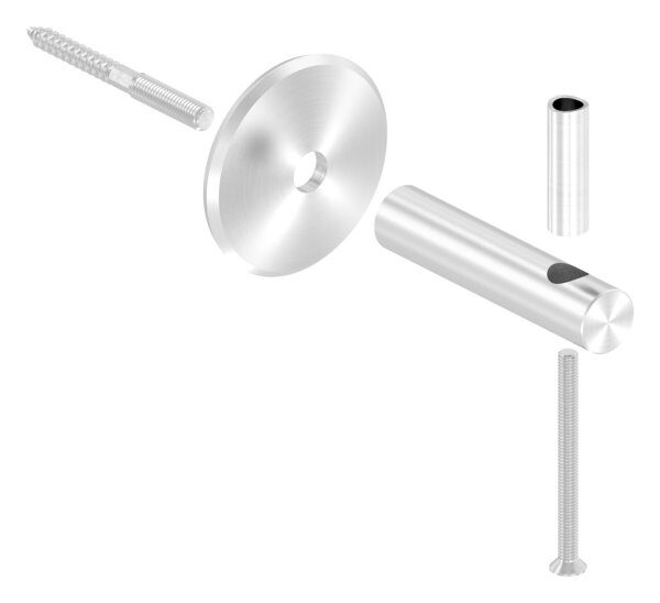 Handlaufhalter zum Anschrauben des Handlaufs mit Linsenkopfschraube M6, Ronde 70x5mm gewölbt, Bügel 20mm, Wandabstand 80mm, hinten Innengewinde M8 inkl. Stockschraube M8x80, V2A