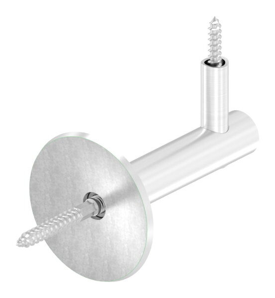 Handlaufhalter zum Anschrauben des Handlaufs mit Holzschraube M6, Ronde 70x5mm gewölbt, Bügel 20mm, Wandabstand 80mm, hinten Innengewinde M8 inkl. Stockschraube M8x80, V2A