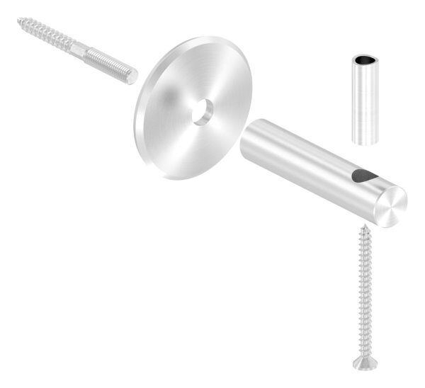Handlaufhalter zum Anschrauben des Handlaufs mit Holzschraube M6, Ronde 70x5mm gewölbt, Bügel 20mm, Wandabstand 80mm, hinten Innengewinde M8 inkl. Stockschraube M8x80, V2A