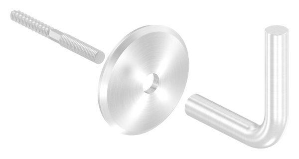 Handlaufhalter zum Anschweißen des Handlaufs, Ronde 70x5mm gewölbt, Bügel 14mm, Wandabstand 84mm, hinten M8 Innengewinde, inkl. Stockschraube M8x80, V2A