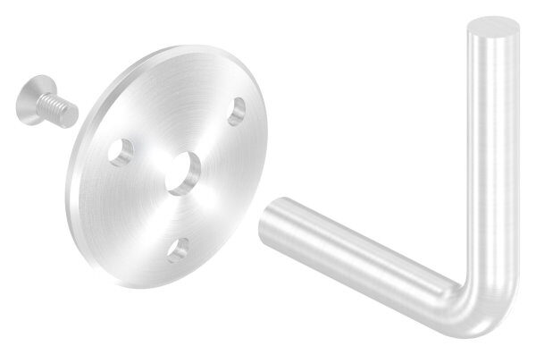 Handlaufhalter zum Anschweißen des Handlaufs, Ronde 58x5mm gewölbt, Bügel 12mm, Wandabstand 84mm, 3x6,5mm Bohrungen (Ronde und Bügel verschraubt), V2A