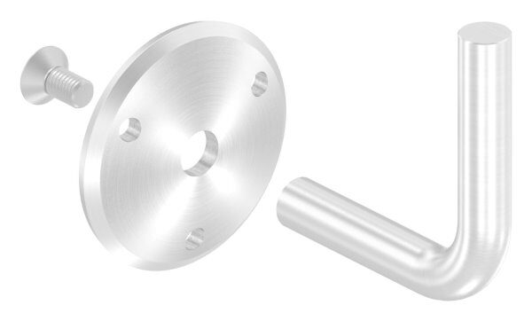 Handlaufhalter zum Anschweißen des Handlaufs, Ronde 70x5mm gewölbt, Bügel 14mm, Wandabstand 84mm, 3x6,5mm Bohrungen (Ronde und Bügel verschraubt), V4A