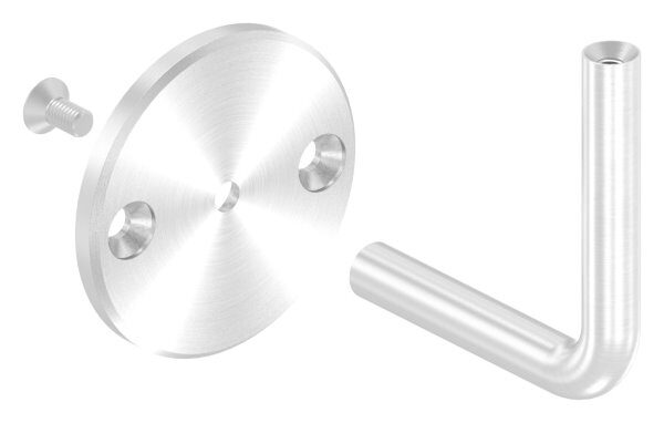 Handlaufhalter mit oben Innengewinde M6, Ronde 70x6mm, Bügel 12mm, Wandabstand 80mm, 2x6,5mm Bohrungen gesenkt (Ronde und Bügel verschraubt), V2A
