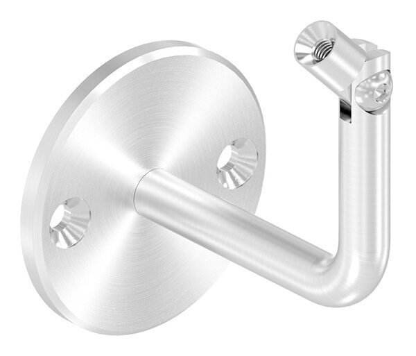 Handlaufhalter mit Gelenk, oben Innengewinde M6, Ronde 70x6mm, Bügel 12mm, Wandabstand 81mm, 2x6,5mm Bohrungen gesenkt (Ronde und Bügel verschraubt), V2A