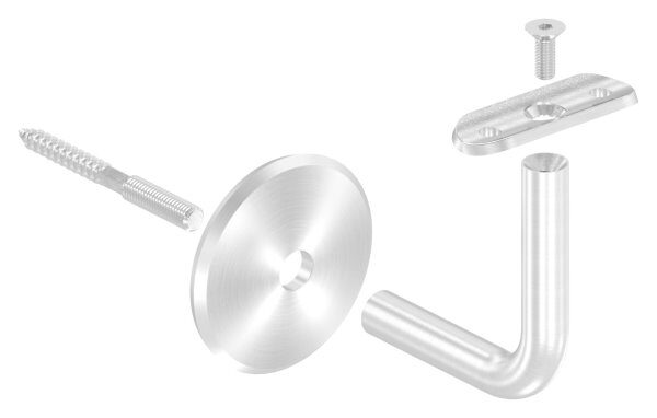 Handlaufhalter mit Handlaufanschlussplatte für Rohr 42,4mm (austauschbar), Ronde 68x5mm gewölbt, Bügel 14mm, Wandabstand 80mm, hinten M8 Innengewinde, inkl. Stockschraube M8x80, V2A