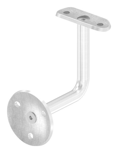 Handlaufhalter mit Handlaufanschlussplatte für Rohr 42,4mm (austauschbar), Ronde 58x4mm gewölbt, Bügel 12mm, Wandabstand 85mm, 3x6,5mm Bohrungen (Ronde und Bügel verschraubt), V2A