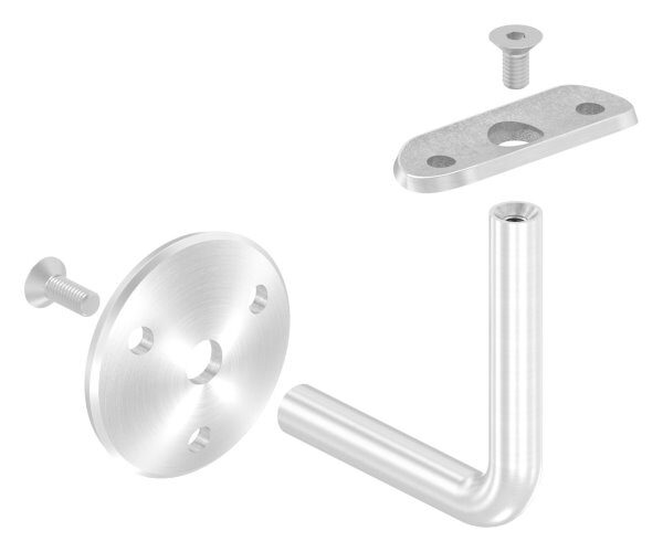 Handlaufhalter mit Handlaufanschlussplatte für Rohr 42,4mm (austauschbar), Ronde 58x4mm gewölbt, Bügel 12mm, Wandabstand 85mm, 3x6,5mm Bohrungen (Ronde und Bügel verschraubt), V2A