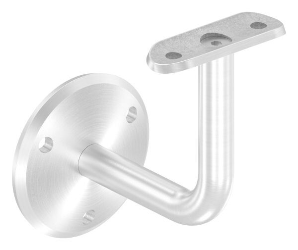 Handlaufhalter mit Handlaufanschlussplatte für Rohr 42,4mm (austauschbar), Ronde 70x5mm gewölbt, Bügel 14mm, Wandabstand 85mm, 3x6,5mm Bohrungen (Ronde und Bügel verschraubt), V2A
