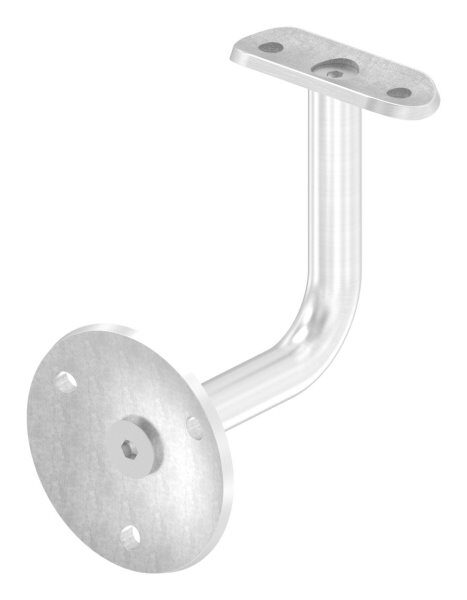 Handlaufhalter mit Handlaufanschlussplatte für Rohr 42,4mm (austauschbar), Ronde 70x5mm gewölbt, Bügel 14mm, Wandabstand 85mm, 3x6,5mm Bohrungen (Ronde und Bügel verschraubt), V2A