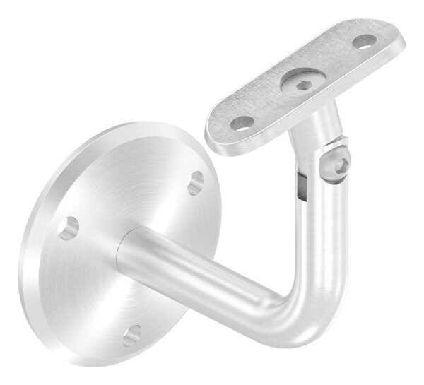 Handlaufhalter mit Gelenk inkl. Handlaufanschlussplatte für Rohr 42,4mm (austauschbar), Ronde 68x 5mm gewölbt, Bügel 14mm, Wandabstand 84mm, 3x6,5mm Bohrungen (Ronde und Bügel verschraubt), V2A