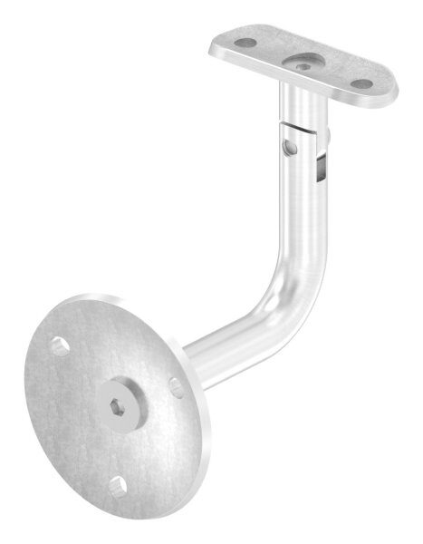 Handlaufhalter mit Gelenk inkl. Handlaufanschlussplatte für Rohr 42,4mm (austauschbar), Ronde 68x 5mm gewölbt, Bügel 14mm, Wandabstand 84mm, 3x6,5mm Bohrungen (Ronde und Bügel verschraubt), V2A