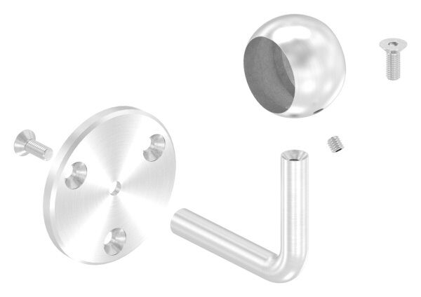 Handlaufhalter mit Kugelring für Rohr 33,7mm, Ronde 70x6mm, Bügel 12mm, Wandabstand 80mm, 3x6,5mm Bohrungen gesenkt (Ronde und Bügel verschraubt), V2A