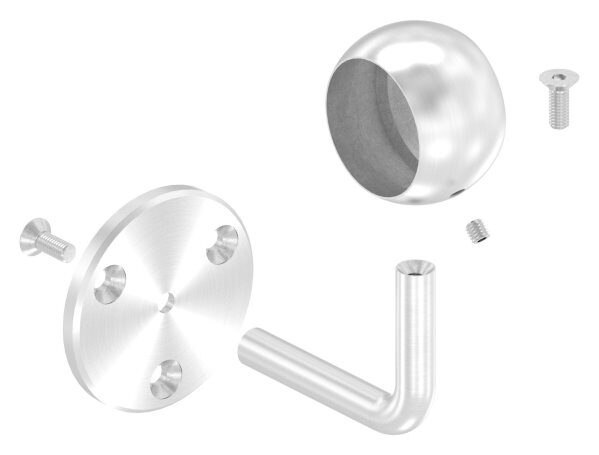 Handlaufhalter mit Kugelring für Rohr 42,4mm, Ronde 70x6mm, Bügel 12mm, Wandabstand 80mm, 3x6,5mm Bohrungen gesenkt (Ronde und Bügel verschraubt), V2A
