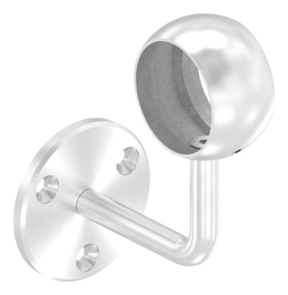 Handlaufhalter mit Kugelring für Rohr 48,3mm, Ronde 70x6mm, Bügel 14mm, Wandabstand 80mm, 3x6,5mm Bohrungen gesenkt (Ronde und Bügel verschraubt), V2A