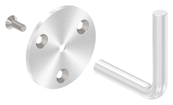 Handlaufhalter zum Anschweißen des Handlaufs, Ronde 70x4mm, Bügel 12mm, Wandabstand 80mm, 3x6,5mm Bohrungen gesenkt (Ronde und Bügel verschraubt), V2A