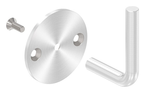 Handlaufhalter zum Anschweißen des Handlaufs, Ronde 70x4mm, Bügel 12mm, Wandabstand 62mm, 2x6,5mm Bohrungen gesenkt (Ronde und Bügel verschraubt)t, V2A
