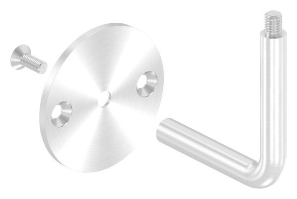 Handlaufhalter mit oben Außengewinde M8, Ronde 70x4mm, Bügel 12mm, Wandabstand 79mm, 2x6,5mm Bohrungen gesenkt (Ronde und Bügel verschraubt), V2A
