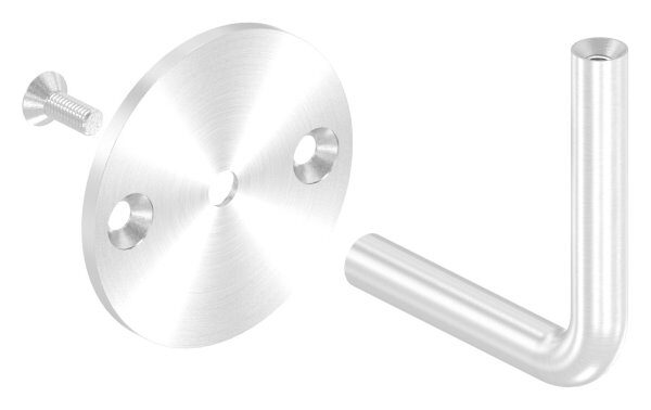 Handlaufhalter mit oben Innengewinde M6, Ronde 70x4mm, Bügel 12mm, Wandabstand 80mm, 2x6,5mm Bohrungen gesenkt (Ronde und Bügel verschraubt), V2A