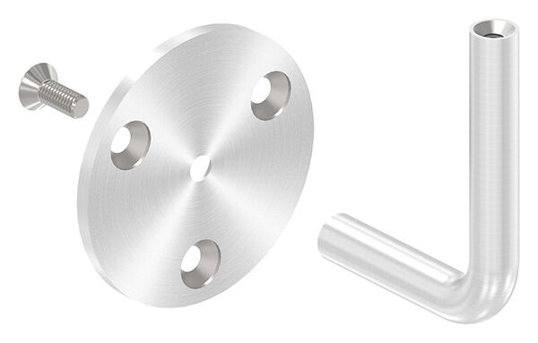 Handlaufhalter mit oben Innengewinde M6, Ronde 70x4mm, Bügel 12mm, Wandabstand 62mm, 3x6,5mm Bohrungen gesenkt (Ronde und Bügel verschraubt), V2A