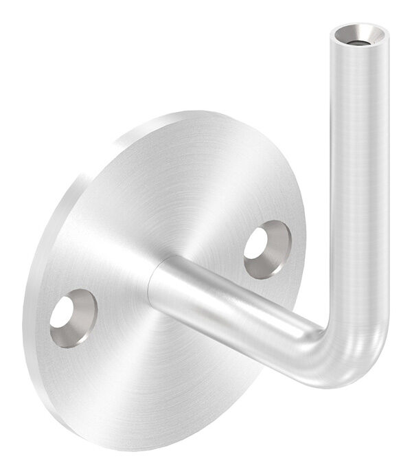Handlaufhalter mit oben Innengewinde M6, Ronde 70x4mm, Bügel 12mm, Wandabstand 62mm, 2x6,5mm Bohrungen gesenkt (Ronde und Bügel verschraubt), V2A