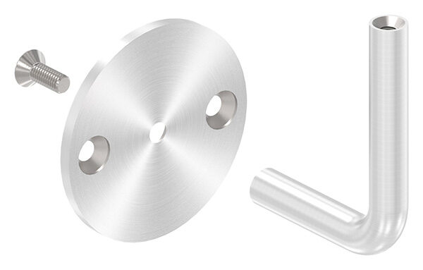 Handlaufhalter mit oben Innengewinde M6, Ronde 70x4mm, Bügel 12mm, Wandabstand 62mm, 2x6,5mm Bohrungen gesenkt (Ronde und Bügel verschraubt), V2A