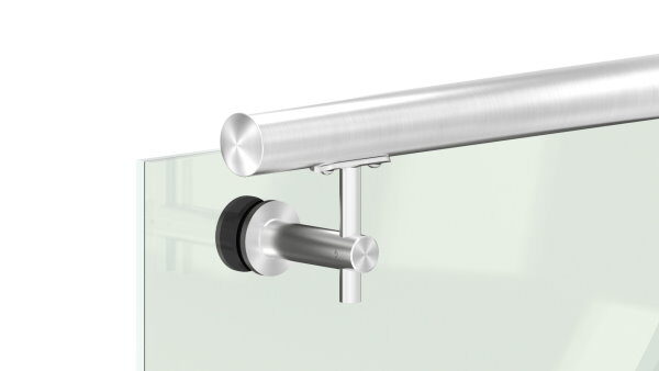 Handlaufhalter zum Befestigen an Glas (max. Dicke:  25,52mm) mit Handlaufanschlussplatte für Rohr 42,4mm (austauschbar), Bügel 25mm, Stift 14mm, empfohlene Glasbohrung: 13mm, Wandabstand 82mm, Gegenplatte mit M8 Gewinde, V2A