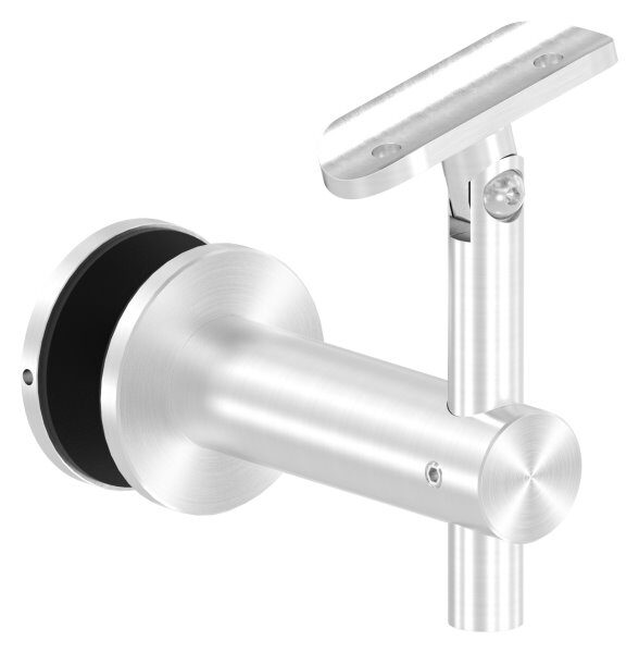 Handlaufhalter zum Befestigen an Glas (max. Dicke:  25,52mm) mit Gelenk inkl. Handlaufanschlussplatte für Rohr 42,4mm (nicht austauschbar), Bügel 25mm, Stift 14mm, empfohlene Glasbohrung: 13mm, Wandabstand 82mm, Gegenplatte mit M8 Gewinde, V2A