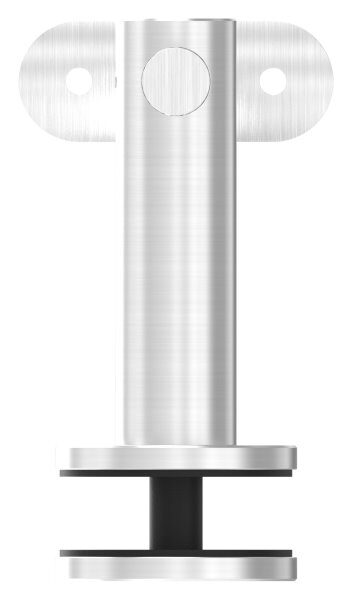 Handlaufhalter zum Befestigen an Glas (max. Dicke:  25,52mm) mit Gelenk inkl. Handlaufanschlussplatte für Rohr 42,4mm (nicht austauschbar), Bügel 25mm, Stift 14mm, empfohlene Glasbohrung: 13mm, Wandabstand 82mm, Gegenplatte mit M8 Gewinde, V2A