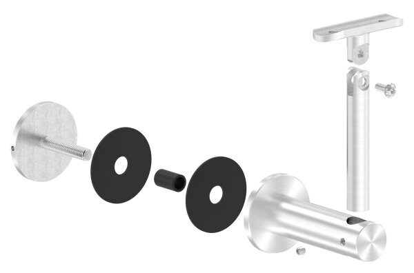 Handlaufhalter zum Befestigen an Glas (max. Dicke:  25,52mm) mit Gelenk inkl. Handlaufanschlussplatte für Rohr 42,4mm (nicht austauschbar), Bügel 25mm, Stift 14mm, empfohlene Glasbohrung: 13mm, Wandabstand 82mm, Gegenplatte mit M8 Gewinde, V2A