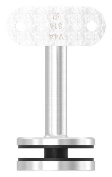 Handlaufhalter zum Befestigen an Glas (8,00 - 21,52mm) flacher Handlaufanschlussplatte, Bügel 14mm, empfohlene Glasbohrung: 20mm, Wandabstand 77mm, V4A