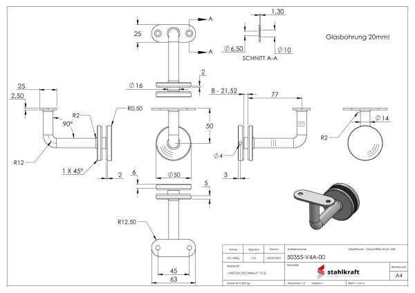 Handlaufhalter zum Befestigen an Glas (8,00 - 21,52mm) flacher Handlaufanschlussplatte, Bügel 14mm, empfohlene Glasbohrung: 20mm, Wandabstand 77mm, V4A