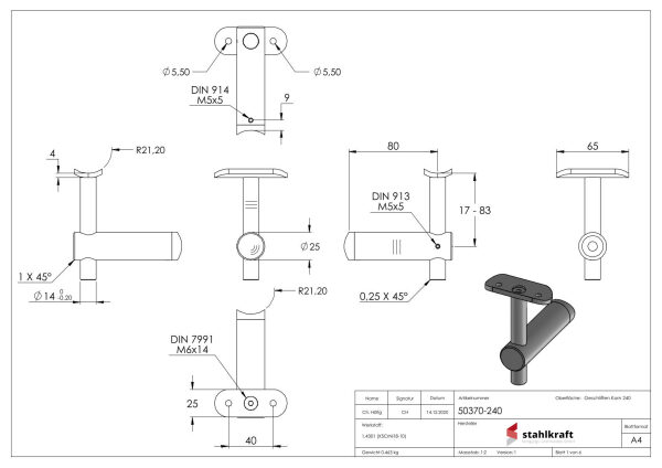 Handlaufhalter mit Handlaufanschlussplatte für Rohr 42,4mm (austauschbar), Anschluss 42,4mm, Bügel 25mm, Stift 14mm, Wandabstand 80mm, ohne Befestigungsschraube (kann mit M6 oder M8 Senkkopfschraube ISO 10642 befestigt werden, Mindestlänge: 35mm), V2A