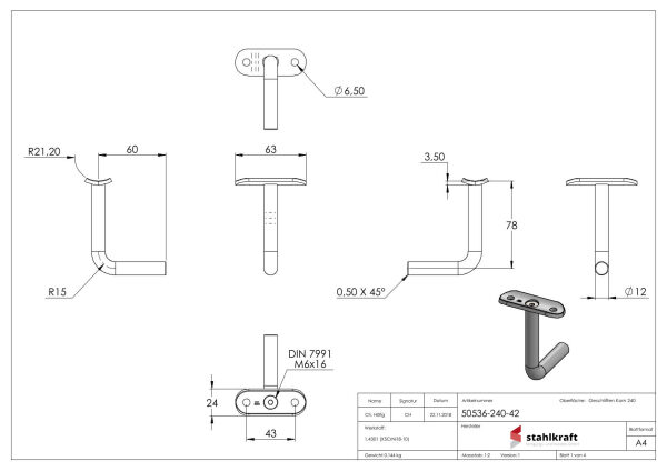 Bügel Ø 12mm, mit Handlaufanschlussplatte 42,4mm, 60x75mm, V2A