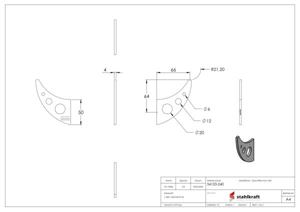 Handlaufschwert, 4mm stark, geschliffen Korn 240, V2A