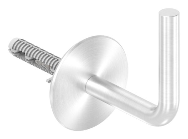 Handlaufhalter, Bügel 12mm, Wandabstand: 73mm, zum Anschweißen des Handlaufs, mit Ronde 58 x 5mm gewölbt, Drehfix-System - für Beton, Ankerstange M8 x 80mm mit Dübel 12 x 50mm, Benötigte Bohrung in Wand: Ø 12mm