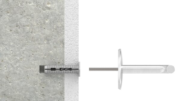 Handlaufhalter, Bügel 12mm, Wandabstand: 73mm, zum Anschweißen des Handlaufs, mit Ronde 58 x 5mm gewölbt, Drehfix-System - für Beton, Ankerstange M8 x 80mm mit Dübel 12 x 50mm, Benötigte Bohrung in Wand: Ø 12mm