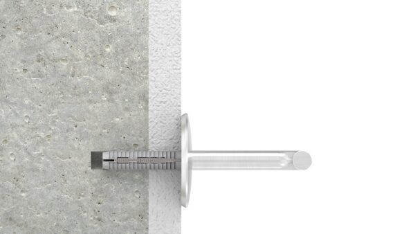 Handlaufhalter, Bügel 12mm, Wandabstand: 73mm, zum Anschweißen des Handlaufs, mit Ronde 58 x 5mm gewölbt, Drehfix-System - für Beton, Ankerstange M8 x 80mm mit Dübel 12 x 50mm, Benötigte Bohrung in Wand: Ø 12mm