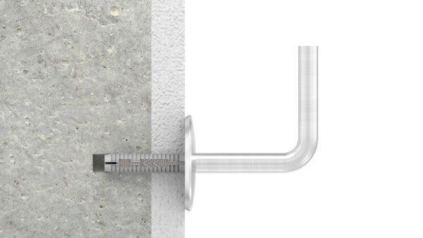 Handlaufhalter, Bügel 12mm, Wandabstand: 73mm, zum Anschweißen des Handlaufs, mit Ronde 58 x 5mm gewölbt, Drehfix-System - für Beton, Ankerstange M8 x 80mm mit Dübel 12 x 50mm, Benötigte Bohrung in Wand: Ø 12mm